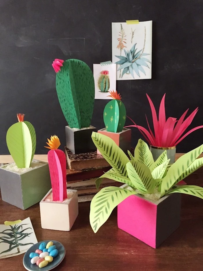 good mothers day gifts, paper craft plants, different cacti and indoor plants, made from green paper, in different shades of green and pink