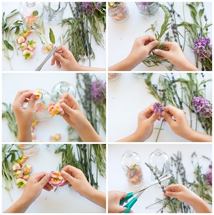 photo tutorial with six images, showing how to make a perfume bottle, by using fresh flowers and herbs, mother's day gift ideas, roses and lilac