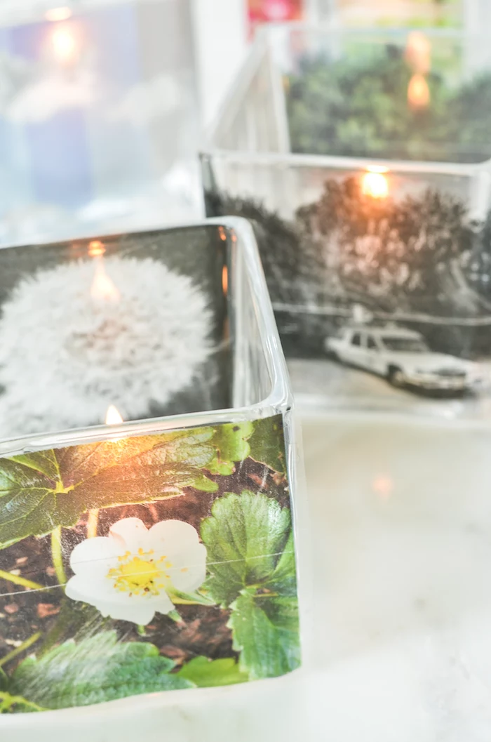 mother's day gifts for grandma, glass candle holders, decorated with photos, and containing small lit candles