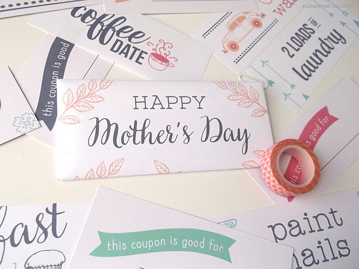 vouchers for mother's day gifts, like coffee dates, and doing laundry, made from white card, decorated with various patterns