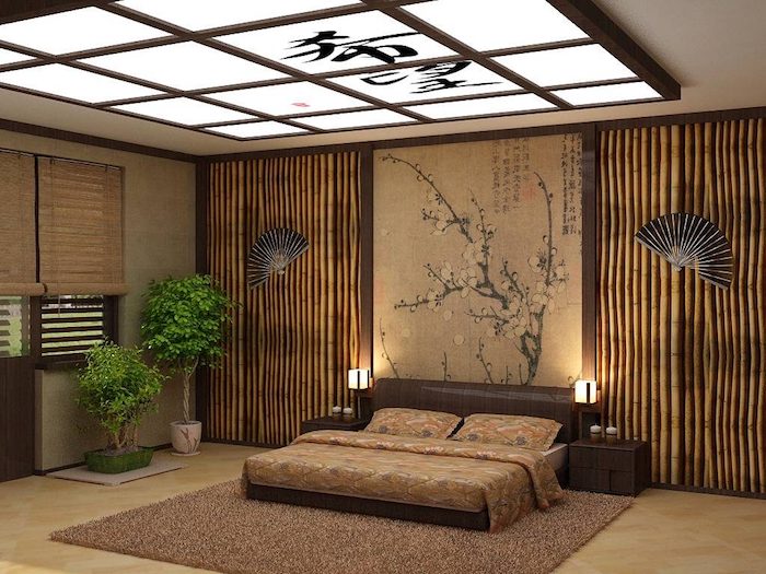 japanese-style room with bamboo wallpaper, and a painting of a blossoming cherry tree, bedroom wall decor, bonsai trees and decorative fans
