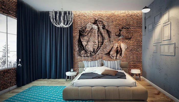 realistic drawings in black and white, done on a brick wall, in a room with laminate floor, dark blue blackout curtains, master bedroom ideas, white decorative chandelier