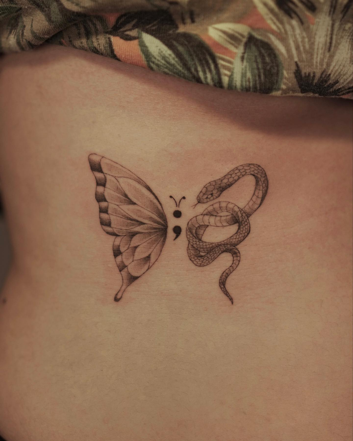 butterfly and snake semicolon tattoo