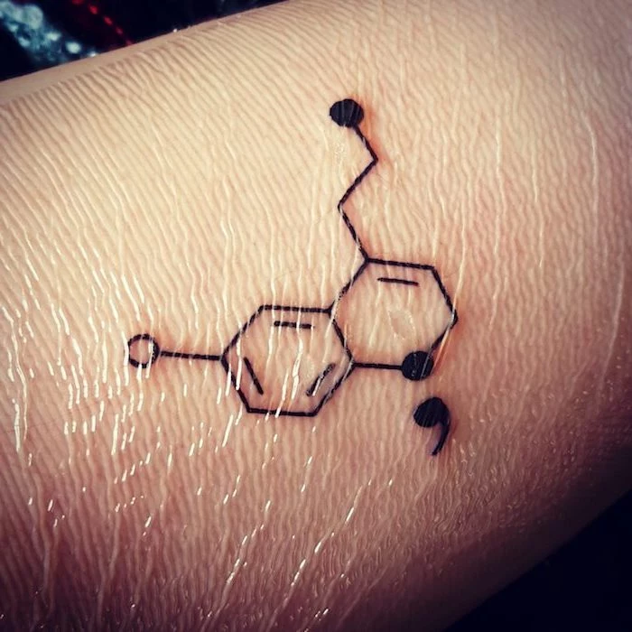 molecules and a semicolon, tattooed in black, on a person's arm or leg, and covered with protective clear cling film, what does a semicolon tattoo mean