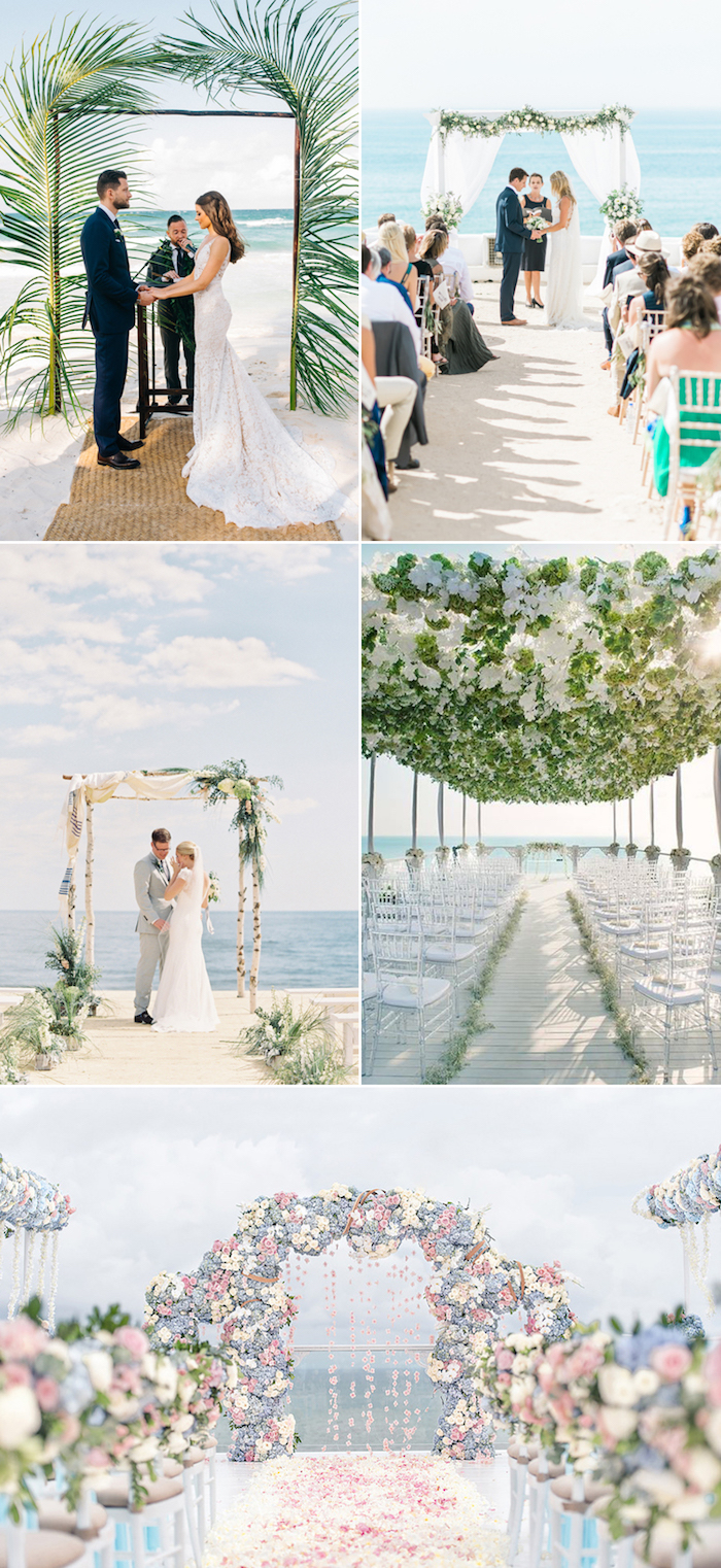 images showing five different wedding venues, all near the sea, decorated with flowers, palm leaves or floaty white fabric, florida destination weddings, arches and chairs, couples holding hands