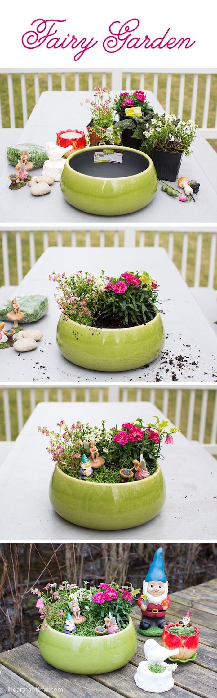 four photos explaining how to make a fairy garden, large green planting bowl, several potted plants and materials, arranging the plants, decorating with figurnines