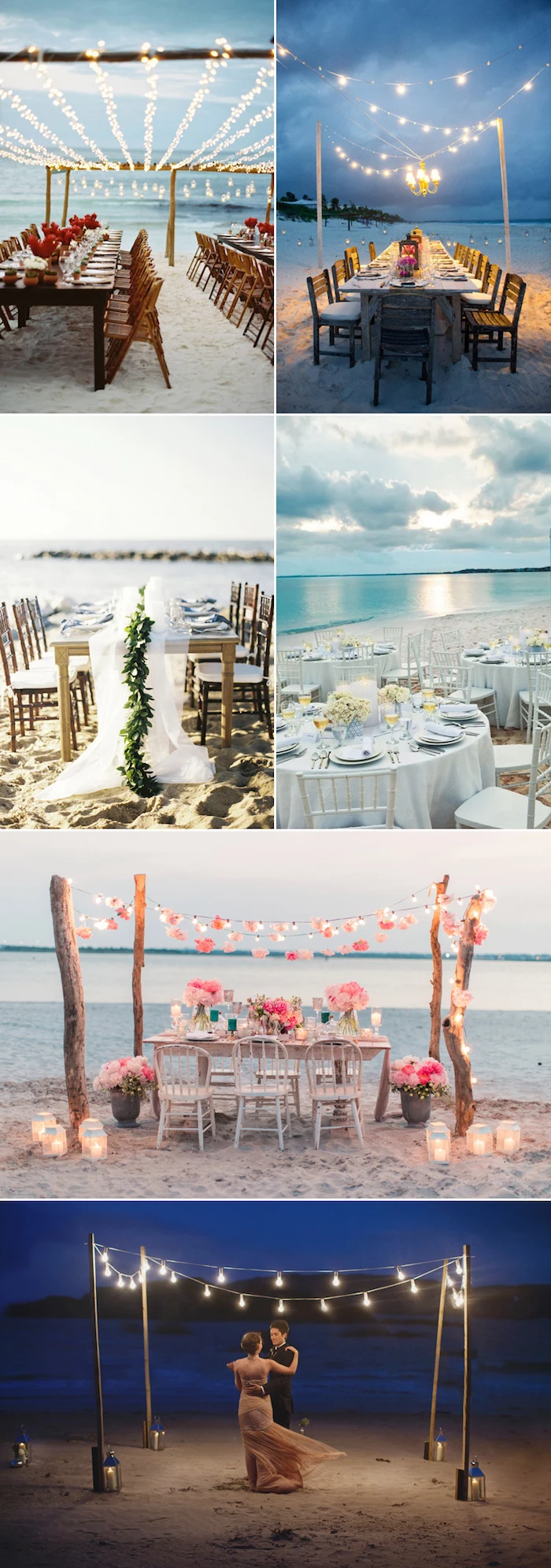 sunset and dusk weddings, six different setups, string lights and flowers, tables and chairs, one couple dancing, florida destination weddings on the beach