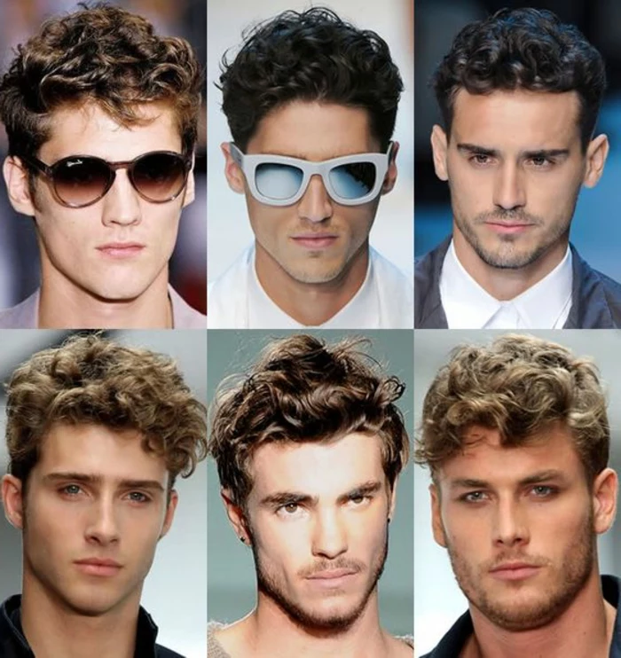 another six examples of haircuts for curly hair, worn by blonde and brunette men, some are wearing sunglasses, some with stubble, others clear shaven