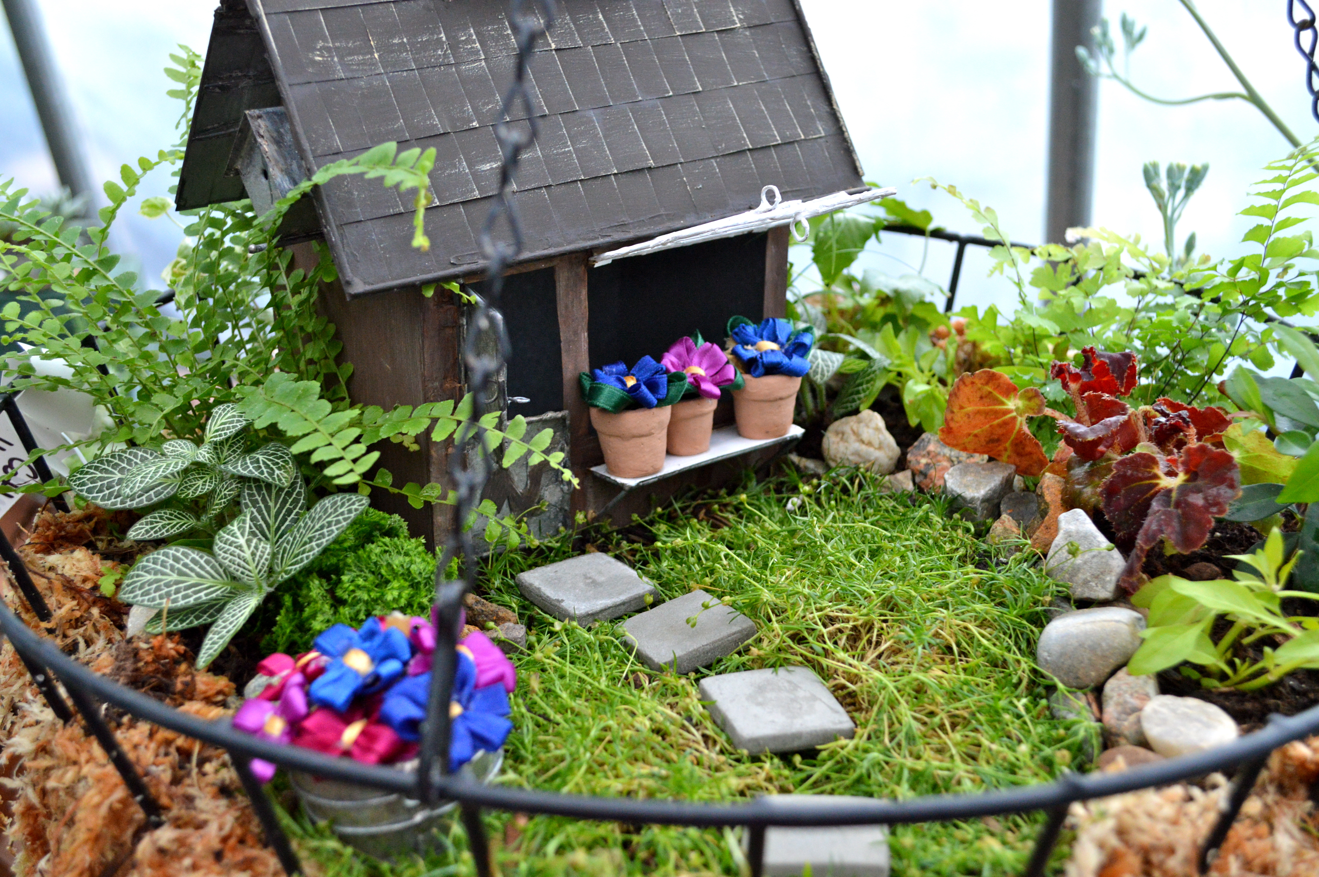 diy fairy house, little wooden house decoration, inside a tiny garden, with small plants, grass and small tiles, model pots with artificial flowers