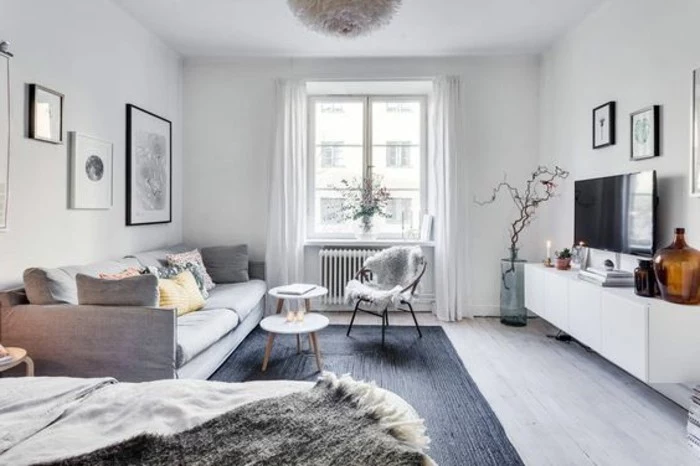nordic-style studio, white and pale gray walls, light gray sofa and dark gray rug, stylish apartment design, knitted fabrics and fur