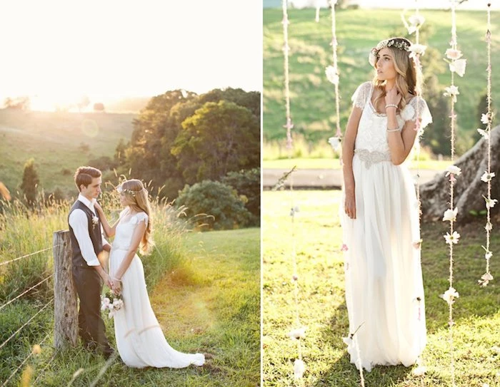 slim young woman, with long blonde hair, wearing an embroidered, retro lace gown, 1920s art deco style, wedding dresses for beach wedding, groom in black vest and pants, boho decorations in the countryside 