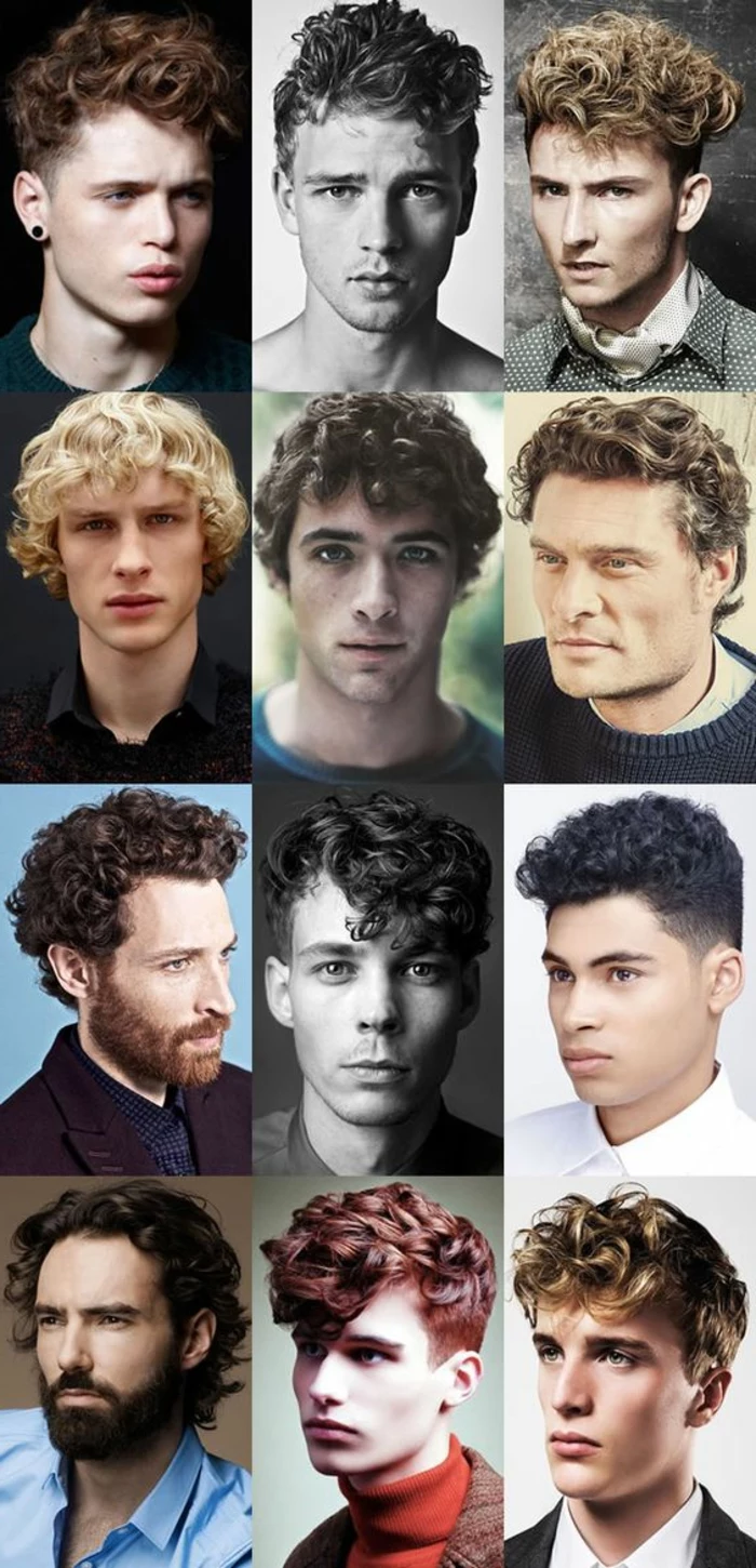 different hairstyles for short curly hair, in twelve examples, black and brunette, red and blonde, very short and medium length
