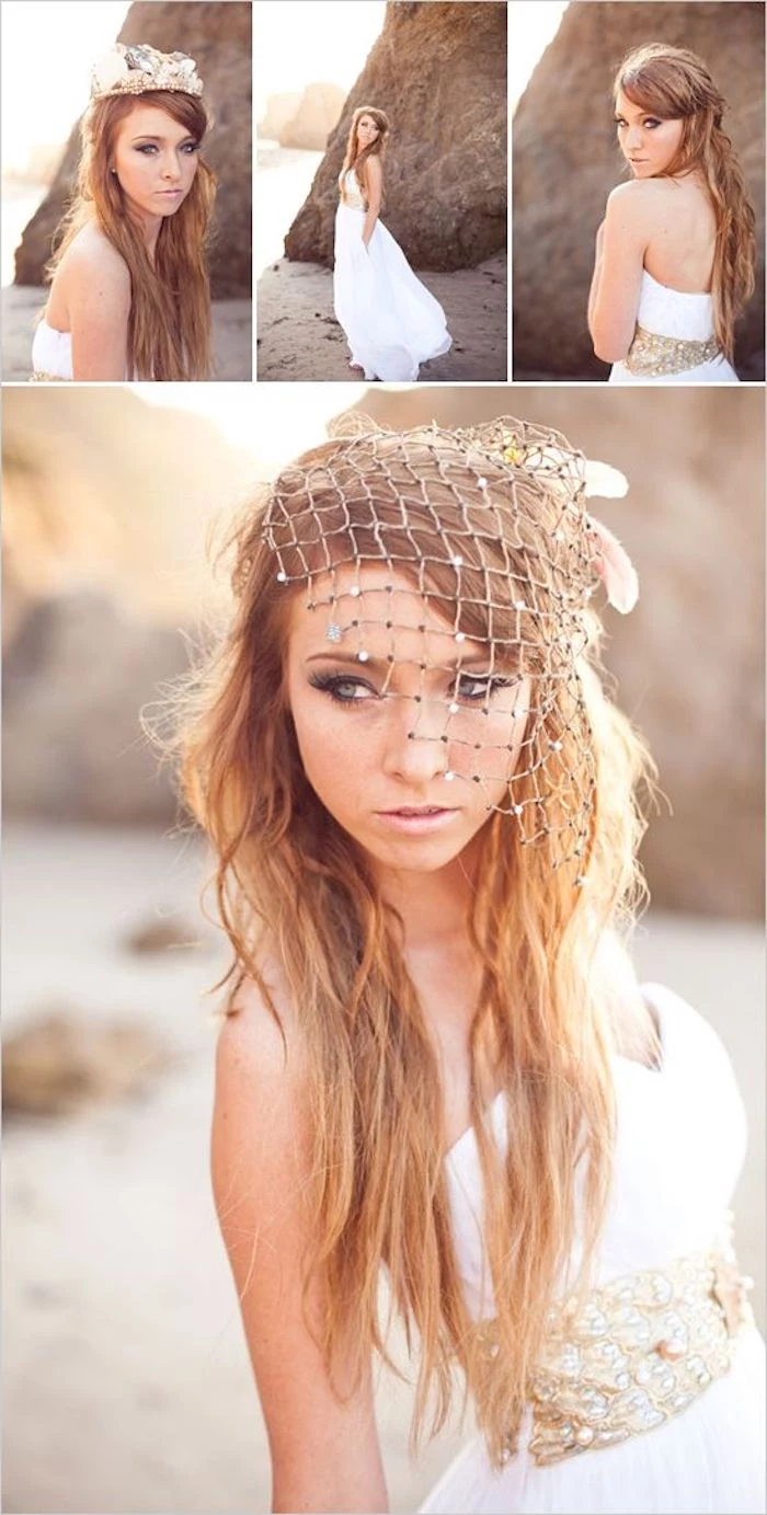 four photos showing a bride seen from different angles, white long floaty dress, and embroidered belt detail, two different hair ornaments, beach weddings in florida, sand and boulders on a sea shore