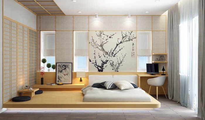 ink wash artwork, depicting cherry tree in blossom, on the wall of a japanese-style room, bedroom design, sliding doors with rice paper, light wooden furniture
