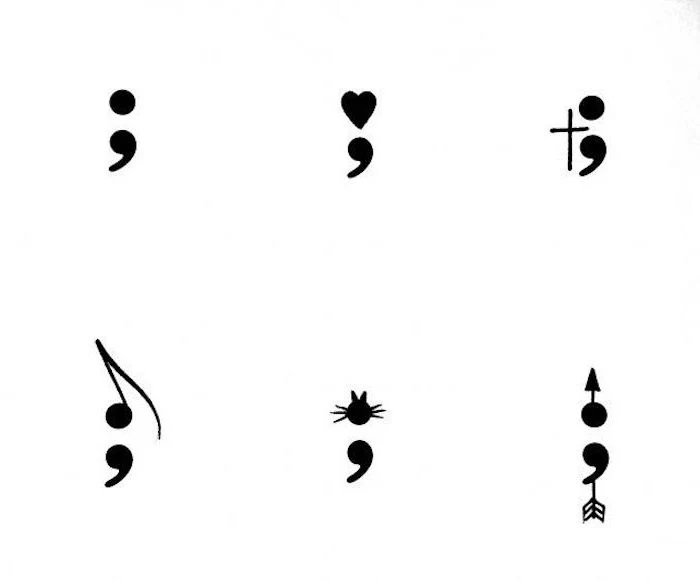 white sheet with six semicolon tattoo designs, dot and heart, cross and musical note, cat and arrow, minimalistic and original ideas