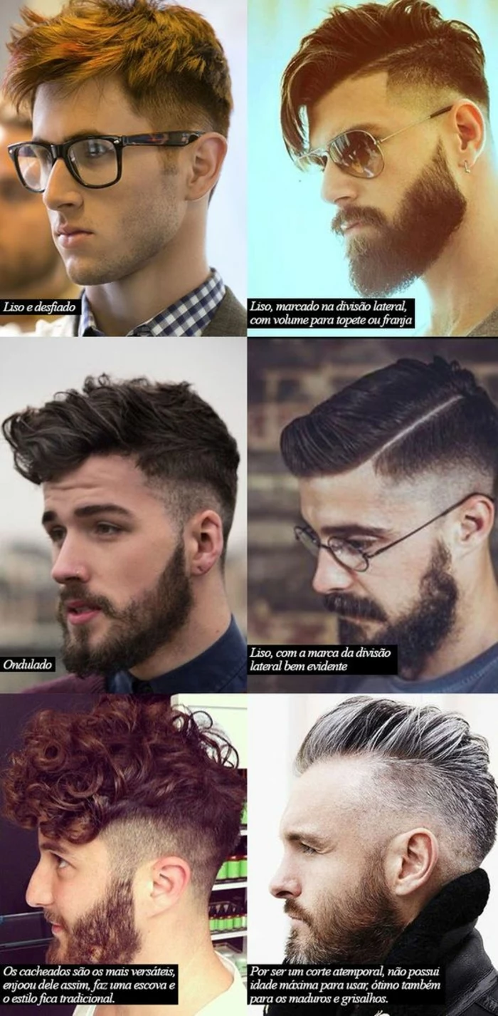 six different styles of short curly hair, men with beards and glasses, faux hawks and undercuts, brunette and auburn hair, one man has short hair dyed in silver