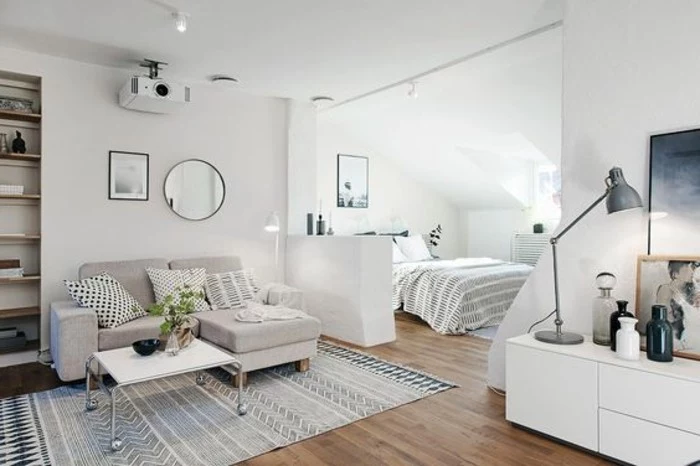 laminate floor inside big room, studio apartment ideas, white walls and a faded rug, bed and sofa, mirror and artworks