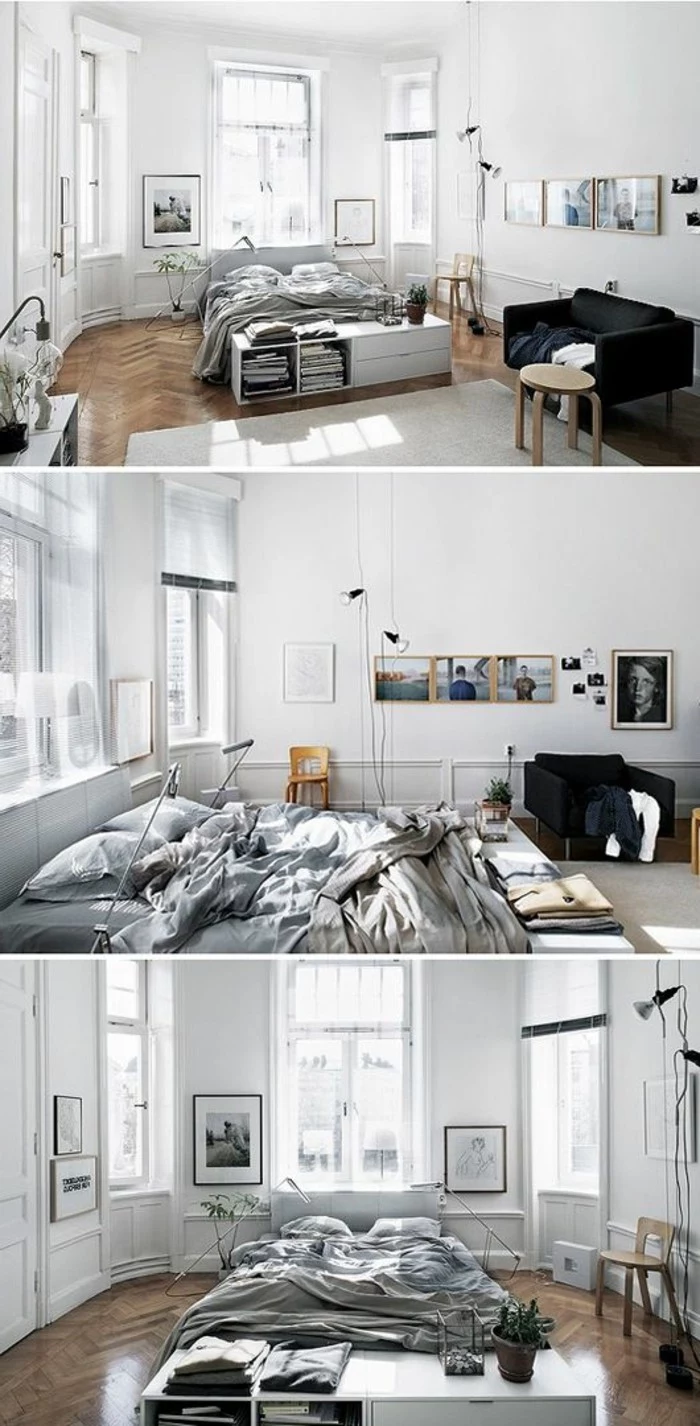different views of a small flat, three windows and white walls, retro laminate floor, gray bed and black settee, studio apartment decorating ideas, collage of three images 