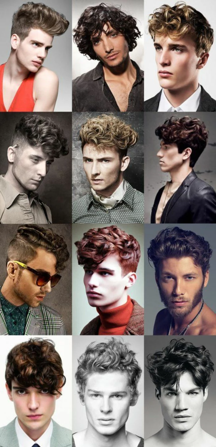 twelve suggestions for hairstyles for short curly hair, brunette red-haired and blond men, quiffs and faux hawks, medium length and short hair
