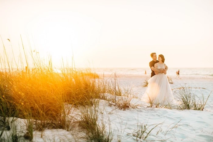 plants growing on a white sandy beach, a casually dressed man, hugging a woman in long white bridal gown, beach weddings in florida, sea and a sunset in the background