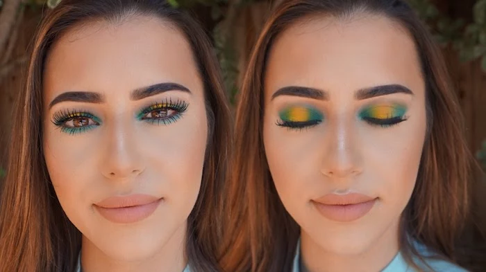 fake lashes and eyeshadow in green and yellow, worn by young girl with large lips, and nude beige pink matte lipstick