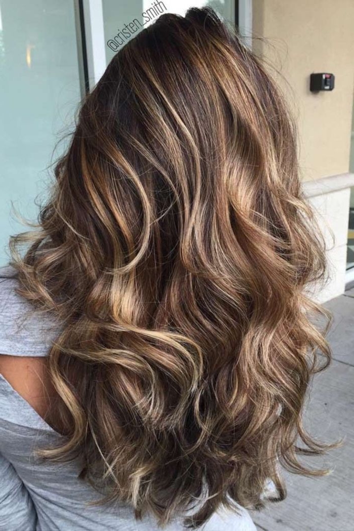 layered and curled, dark hair with blonde highlights, on woman wearing a light grey top, seen from the back, loose messy waves