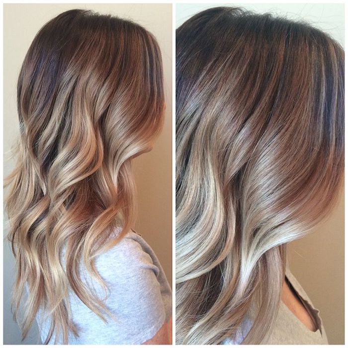 soft mid length hair, with loose waves, seen in medium shot and close up, balayage brown hair, on girl with pale grey t-shirt