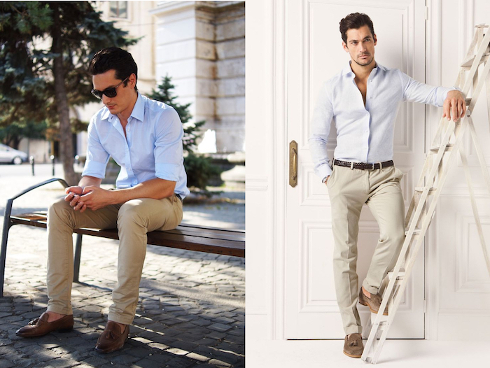 loafers in brown, worn with pale blue shirt, and beige trousers, by two brunette men, dressy casual men, one sitting at a bench, one leaning on a ladder