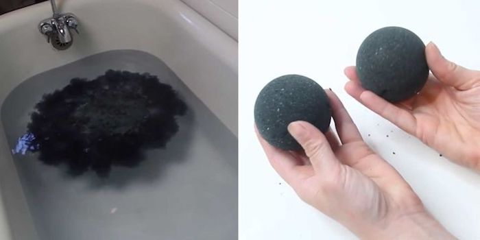 effect of a black bath bomb, melting inside a white ceramic bathtub, filled with water, next photo shows two bath bombs, held by two hands