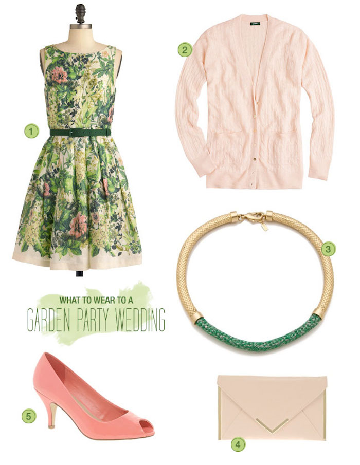 outfit for a dressy casual garden wedding, sleeveless dress with green, and pale pink floral pattern, powder pink cardigan, coral pink peep toe shoes, envelope clutch bag, gold and green chunky necklace