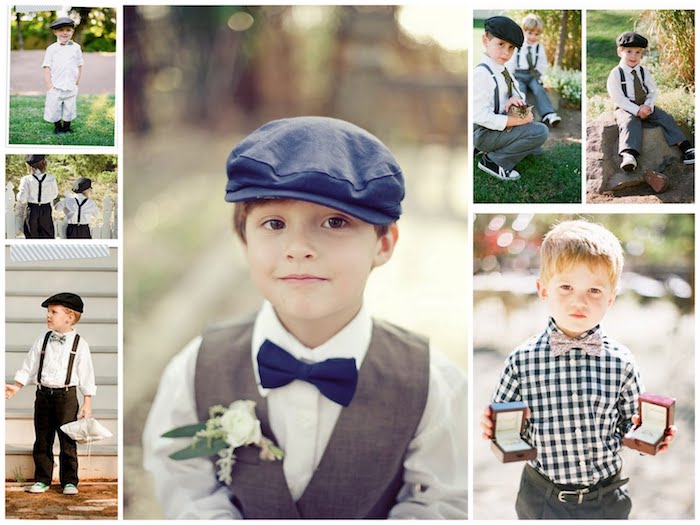 ring bearer outfit ideas, for small boys and toddlers, trousers white shirt and suspenders, bowties and a vest, vintage grey berets