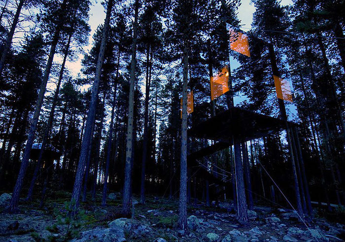 mirror walls on a cube-shaped tree house, illuminated from within, built on several trees, inside a forest, seen at dusk, cool tree houses