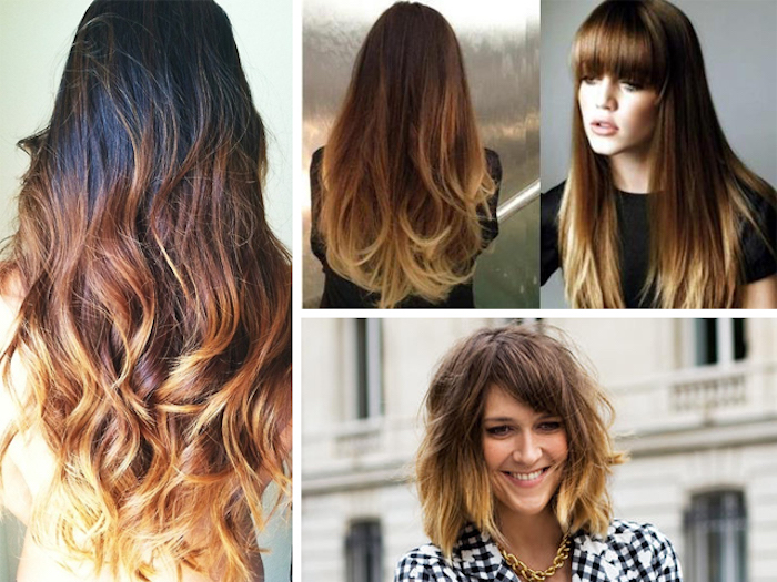 ombre effect on long hair, dark brown to honey blonde, with curled tips, caramel highlights on brunette hair, long with bangs, and short messy bob