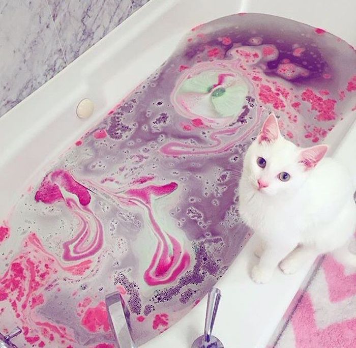 white cat sitting on the edge of a white bathtub, filled with water and frothy foam, colored in pink, purple and white, homemade bath bombs after melting 