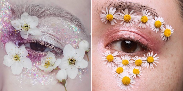 two close ups of brown eyes, one covered in white and purple iridescent glitter, with white mascara, and fresh cherry blossoms, the other with pale glossy pink eyeshadow, and fresh daisies, makeup looks