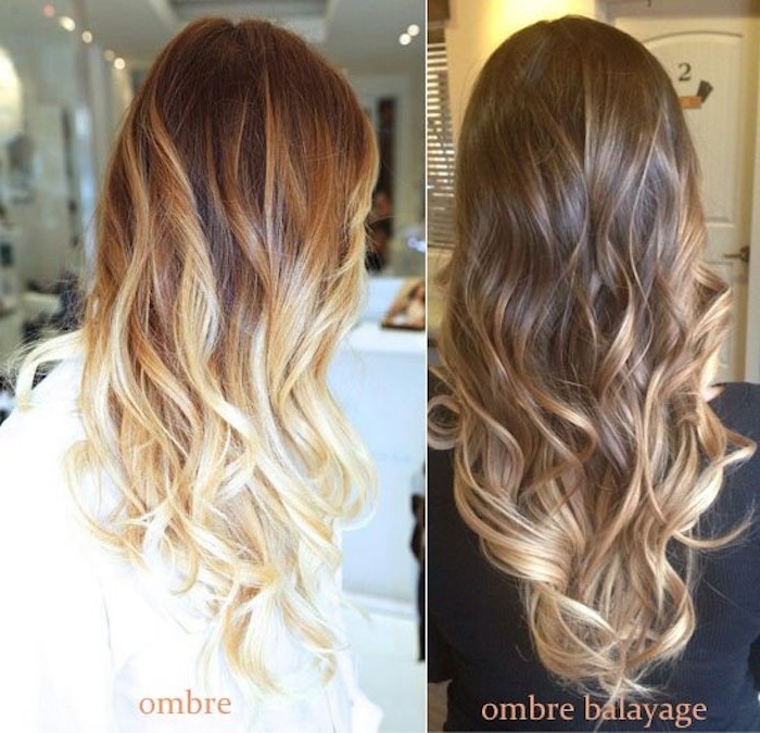 brown and blonde hair, two photos side by side, showing long brunette hair, with loose curls, and light blonde ombre effect, and a darker brown hair, with loose curls and blonde balayage