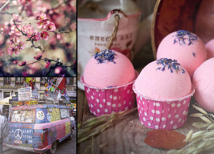 cherry blossoms and a hippie van, what is a bath bomb, several pink bath bombs, decorated with dried lavender petals, and placed in cupcake holders