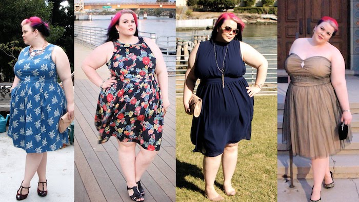 dyed pink hair, on a curvy woman, in four different outfits, what is semi formal, blue floral dress, multicolored dress with flower print, dark navy sleeveless dress, brown tulle strapless gown