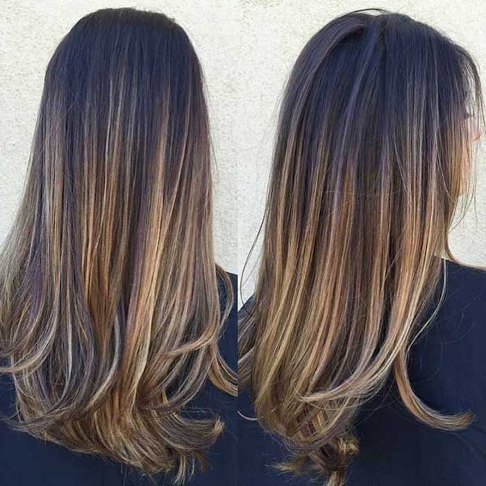 straightened smooth hair, with wavy tips, brunette with light blonde highlights, dark hair with blonde highlights, seen from two different angles