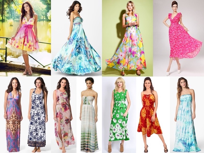 variety of multicolored summer dresses, worn by eleven women, what is semi formal, yellow and pink knee-length dress, floral blue gown, halter-necks and strapless dresses