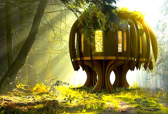 digitally created image of a treehouse, modern structure with stained glass windows, built on wooden platforms, inside a sunlit forest
