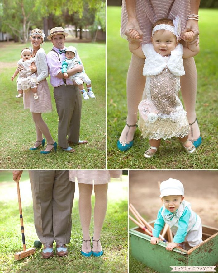 flapper style vintage outfits, on a family with two toddlers, what is semi formal, woman in knee length pale pink dress, man in beige trousers with suspenders, pink shirt and straw hat