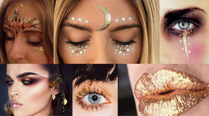 moons and stars, painted on women's faces, with golden body glitter, shimmering golden mascara and lipstick, dark eye make up, and 3D decal stickers