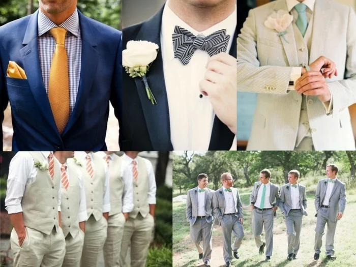 collage of five images, showing details of mens wedding guest attire, yellow tie and matching pocket handkerchief, bowties and boutonnieres, suits in different colors
