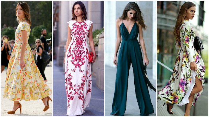 models wearing maxi dresses, in white and yellow, white and red, and in a multicolored pattern, floral and folk motifs, dark green jumpsuit, what is semi formal attire