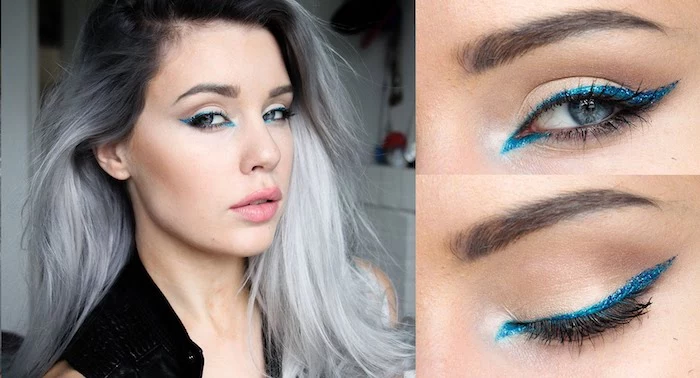 ombre silver and grey hair, on young woman, with pink matte lipstick, and glittering teal eyeliner, make up ideas, discrete blush on her cheekbones