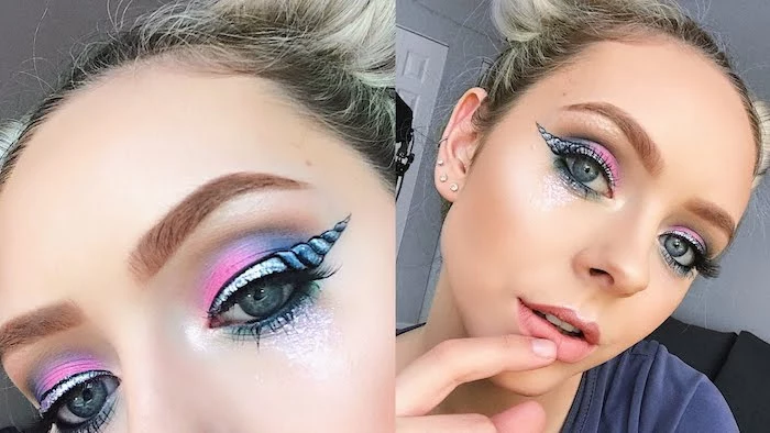 eye make up painted to look like a horn, in black and light blue and silver, with glitter and blue and pink eyeshadow, unicorn makeup 