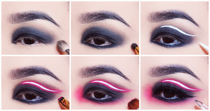 six photos explaining the process, of creating black eyeshadow, with pink neon-effect streak, black eyeliner with white and purple paint