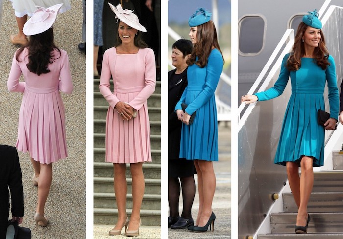 duchess of cambridge, or kate middleton, wearing two identical smart dresses, in pink and blue, long sleeves and pleated skirts, what is semi formal, matching fancy hats