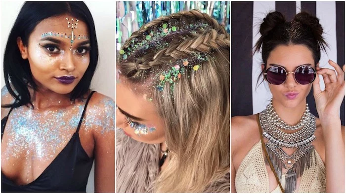 braided hair and hair buns, lots of body glitter, chunky silver necklaces, round sunglasses and boho clothes, face paint and decal stickers, worn by three different young women
